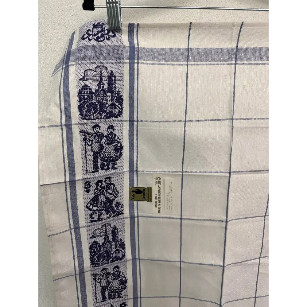 Vtg Blue White German Folk Theme Design Linen Kitchen Tea Towels Grandma Core